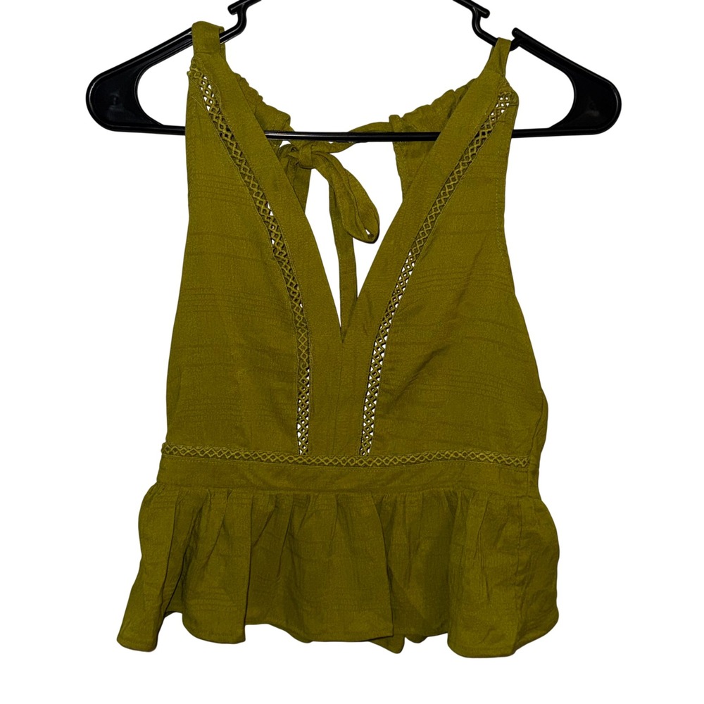 Milk & Honey Chartreuse Green Crochet Trim Peplum Halter Top Medium 32998T